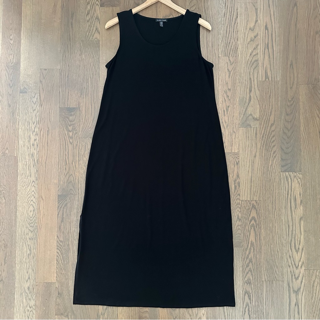 Eileen Fisher Scoop Neck Sleeveless Side Slit Jersey Maxi Dress Black Medium